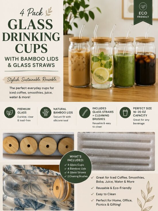 Other - 4 Pack Glass Drinking Cups w/ Bamboo Lids & Glass Straws New In Box